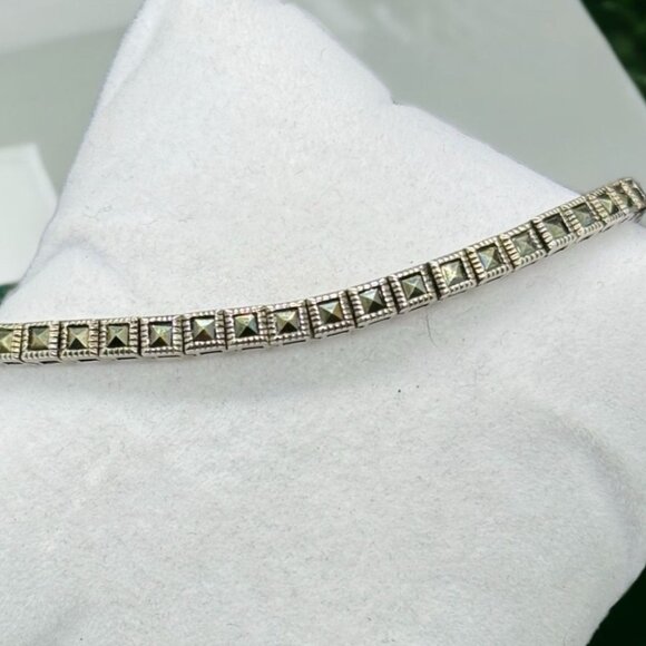 Sterling Silver .925 Bracelet Marcasite Square Link 8.25" Long 14.7‎ Grams - Picture 1 of 9